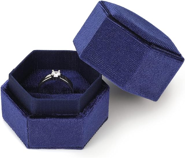 Velvet Jewelry Ring Box, Single Slot Hexagon Ring Case Box for Proposal Engagement Wedding Ceremony Valentines Day (Blue)
