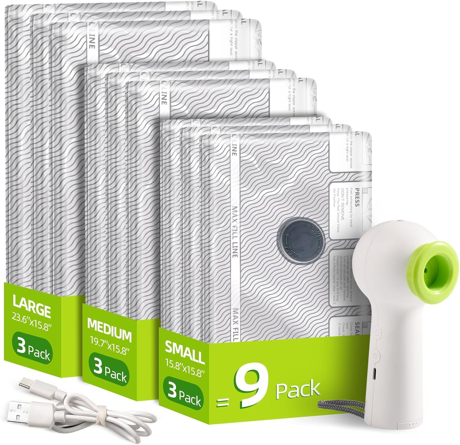 VACKFOX Vacuum Travel Bags with Rechargeable USB Pump,9 Pack Carry-On Size Vacuum Travel Bags for Luggage and Suitcase,Space Saver Compression Bags