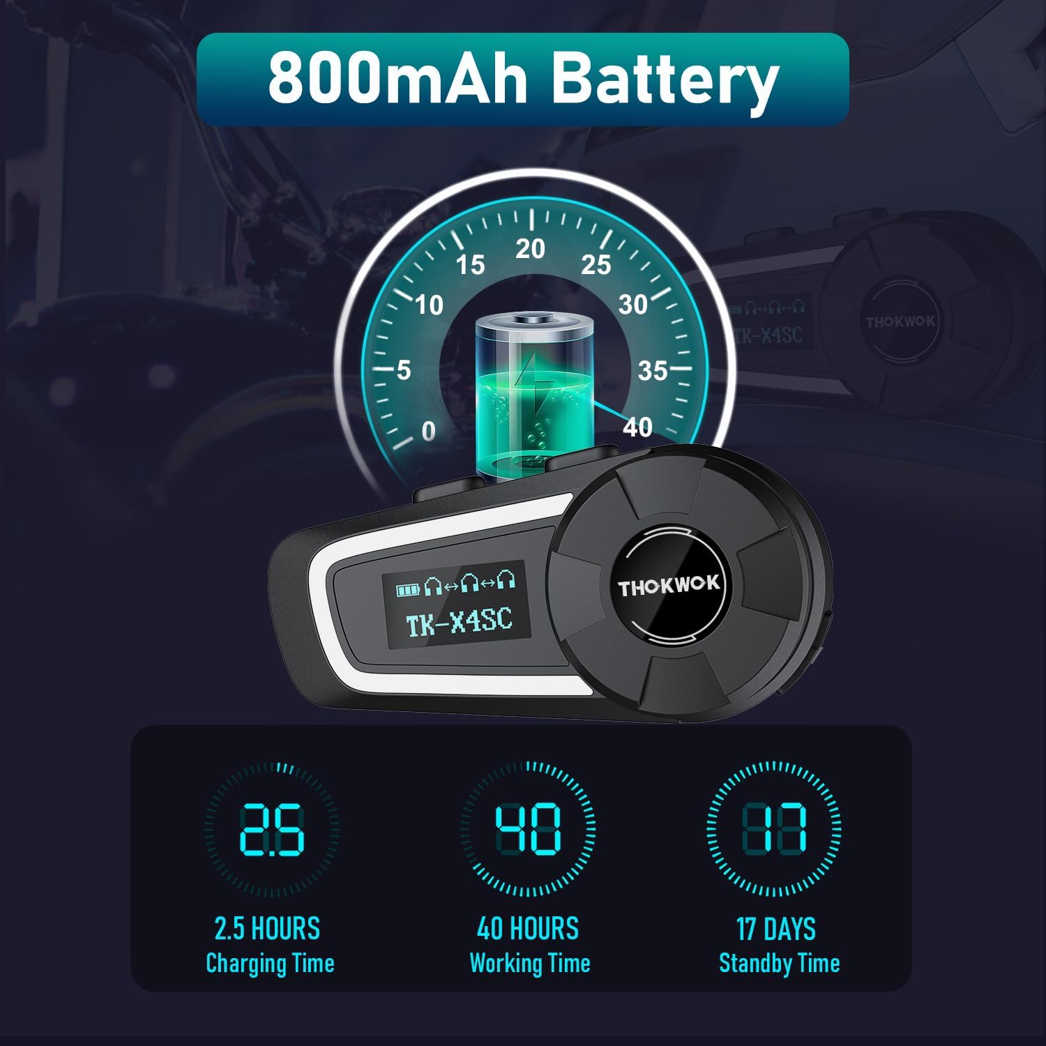 Diagram showing the TK-X4SC with an 800mAh battery, indicating a 2.5-hour charging time, 40 hours of working time, and 17 days of standby time.
