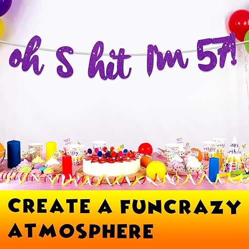 Miniatura 5 de Oh S*it I'm 57! - Pancarta de fondo con purpurina púrpura Hello 57 Cheers to 57 años de edad, decoración temática para niños y niñas, suministros de