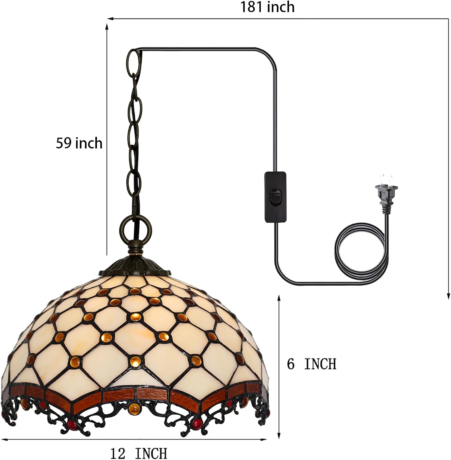 Tiffany Pendant Light Plug-in Stained Glass Hanging Lamp 12”x12”x181” Phoenix Tail Swag Light Decorative Vintage Lighting for Dining Room Living Room Kitchen Hallway Bedroom