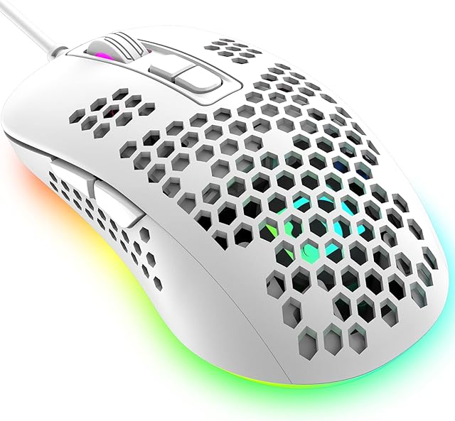KUIYN 383 Ultralight Wired Gaming Mouse, Lightweight Honeycomb Shell, 4 RGB Breathing Backlit Mice, 4 Adjustable DPI 2400, USB Optical Computer Mice for Win10/XP/Xbox/PS4/PS5/Mac/Air/HP/Acer (White)