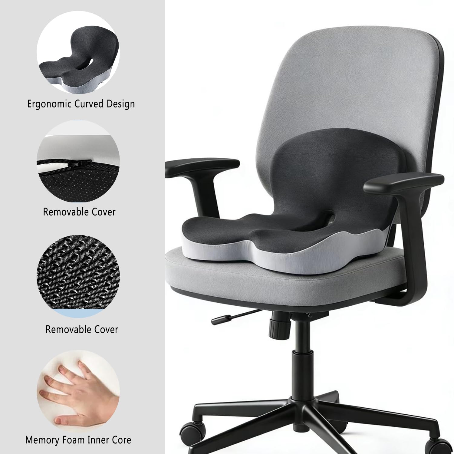 Cuscino per sedile e supporto lombare, cuscino ortopedico in memory foam per alleviare il dolore al coccige, sciatica, sollievo dalla pressione, cuscino ortopedico per sedia da ufficio, auto