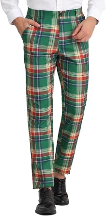 Lars Amadeus Mens Plaid Pants Regular Fit Flat Front Classic Elastic Waist Suit Pants