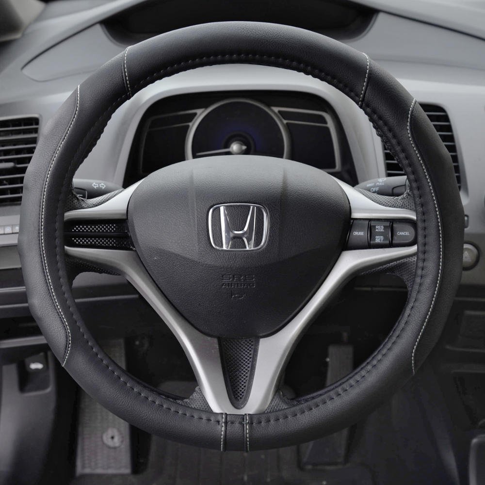 Motor TrendGripDrive Faux Black Leather Steering Wheel Cover for Car Truck Van SUV, Small 14 inch Size, Gray Accent Stitched Car Steering Wheel Cover Vehicle & Auto Accessories