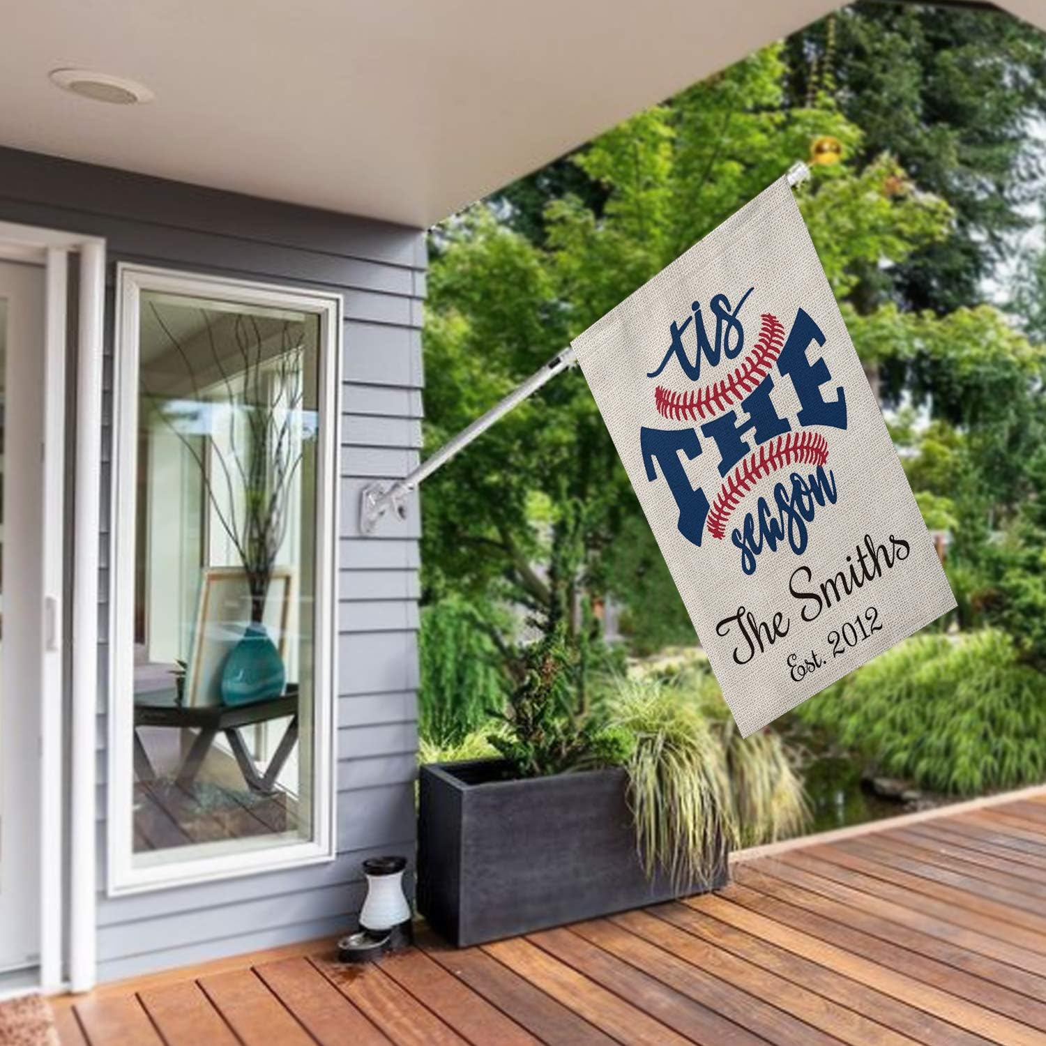 Smile Personalized Baseball House Flag, The Season Customized Family Last Name and Established Year Softball Sport, Double Sided 28 x 40 Inch Rustic Farmhouse Burlap Yard Outdoor Decoration