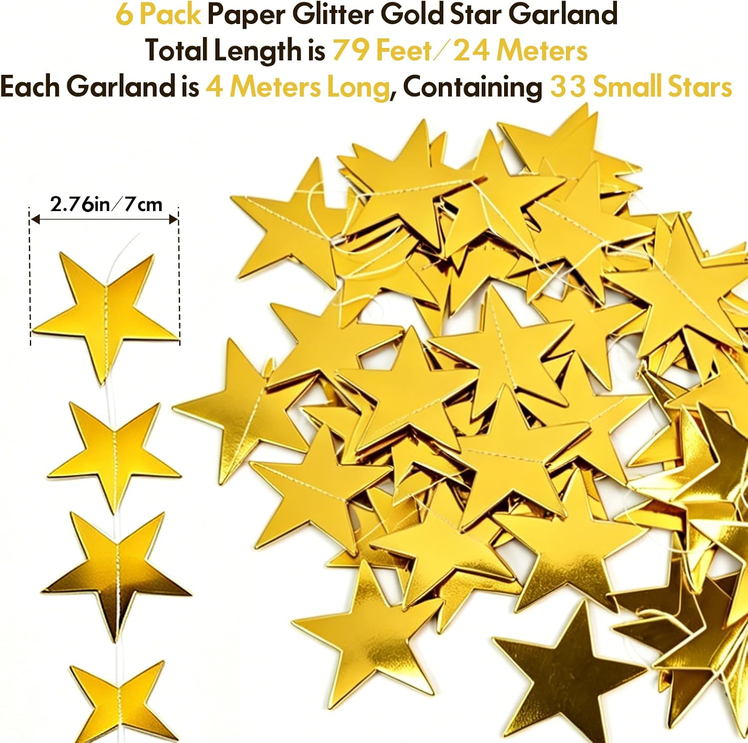 6PCS Double Sided Gold Paper Star Garland Hanging Ceiling Decor Streamers