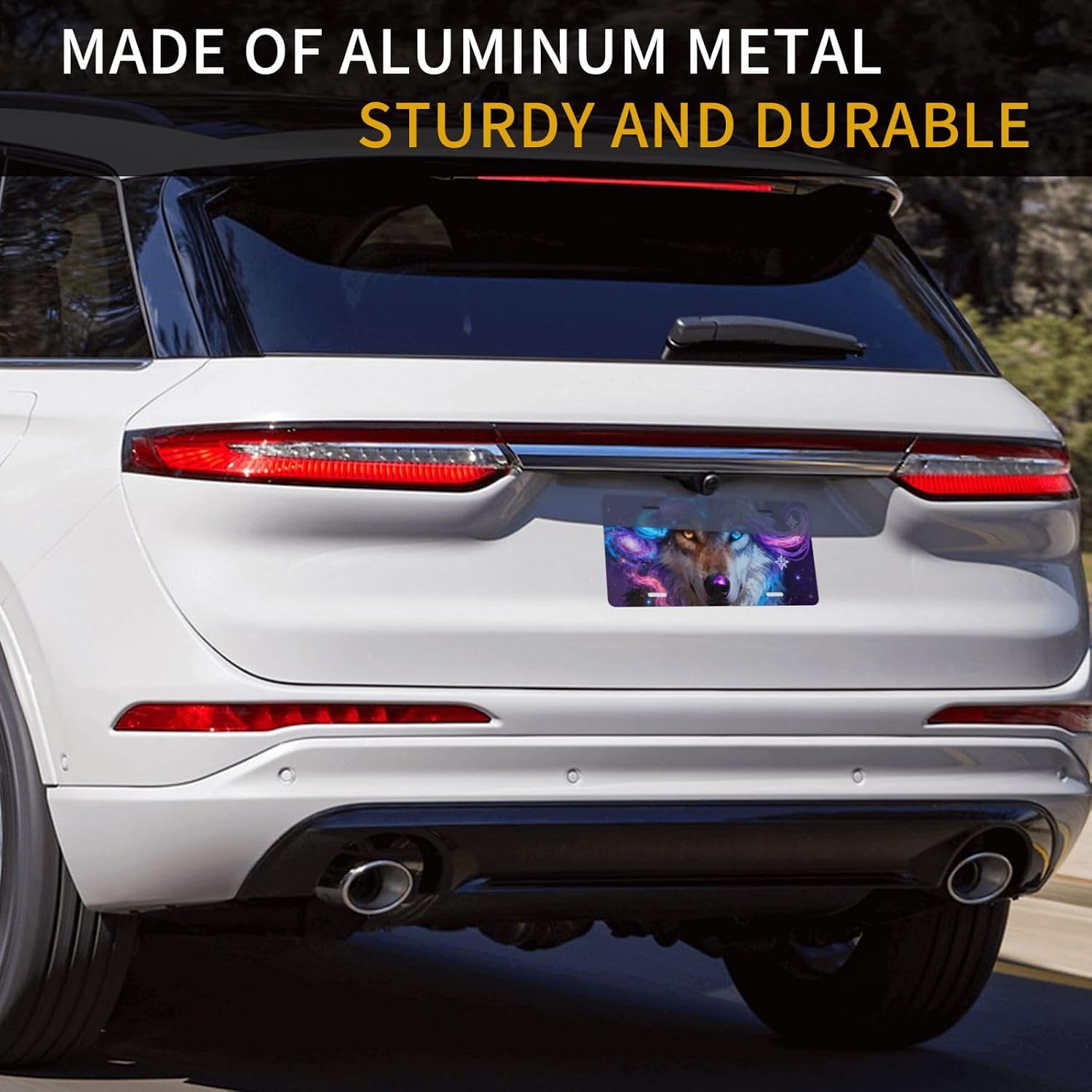 Galaxy Wolf Starry Sky Front License Plate for Women Car Vanity Plates Decorative Aluminum Metal Cute Novelty License Plate Cover for Men 6x12 Inch (4 Holes)