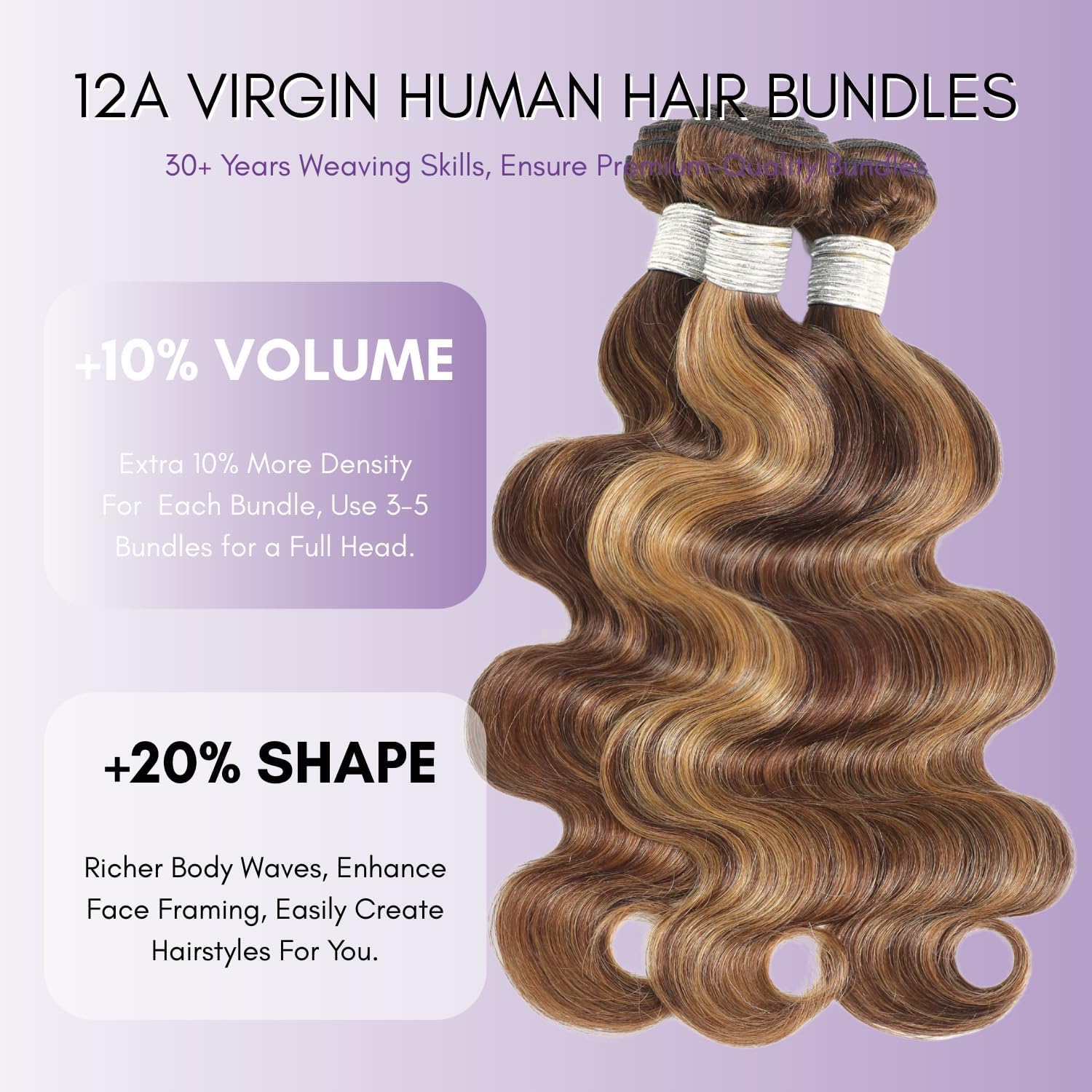 Honey Blonde Highlight Body Wave Bundles Human Hair, 12A 100% Virgin Brazilian #P4/27 Piano Ombre Brown Balayage Colored Wavy Weaves Thick Track 3 Bundles Remy Hair 14 16 18 In