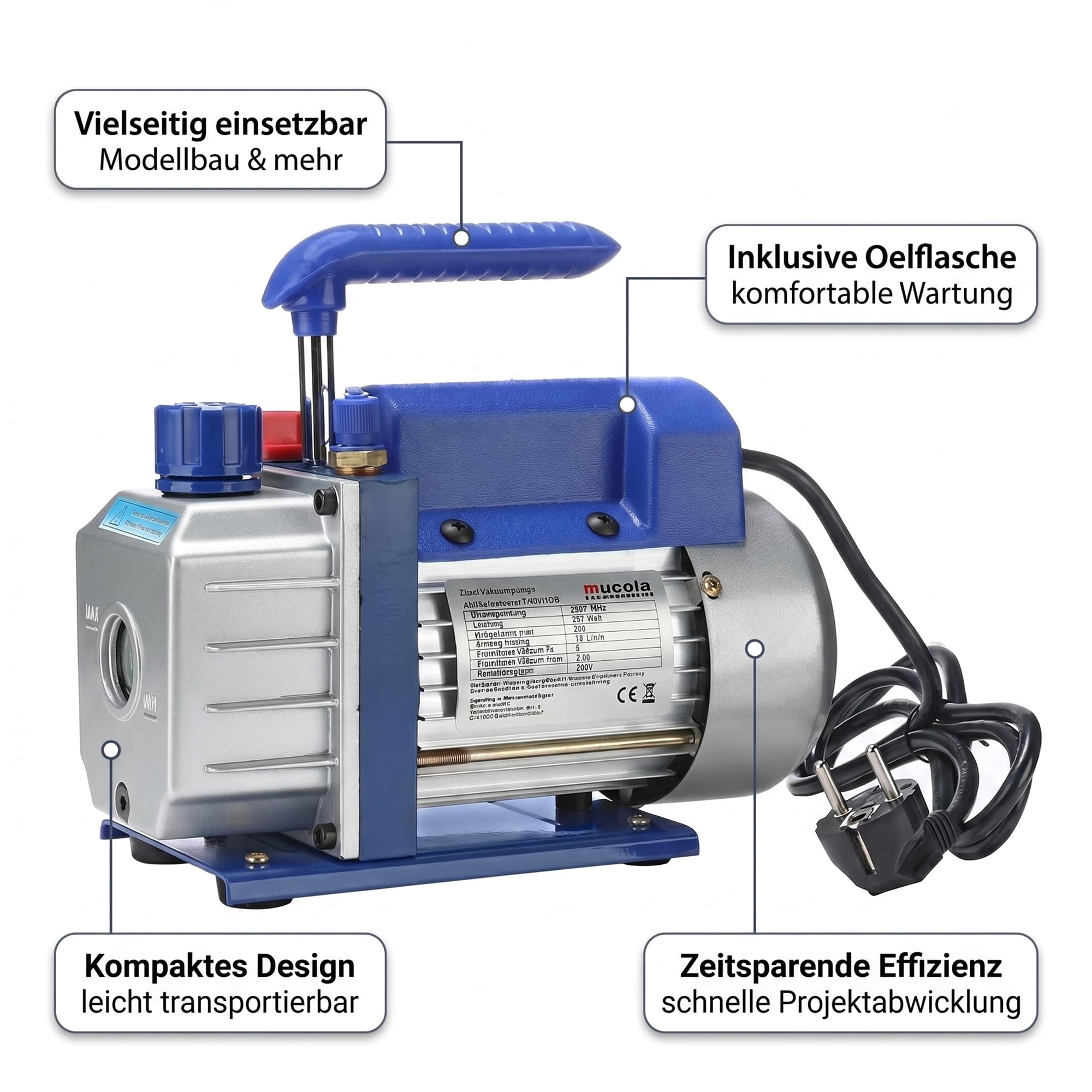 Mucola Vakuumpumpe Klimaanlage Unterdruckpumpe 70 L/min | inkl. Ölabsperrventil | für HVAC/Auto Einstufige Vacuumpumpe Harz-Entgasung