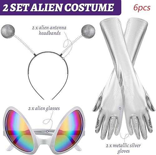Miniatura 4 de Kanayu 6 Pcs Halloween Alien Costume for Women Alien Headband Adult Martian Antenna Glasses Metallic Gloves