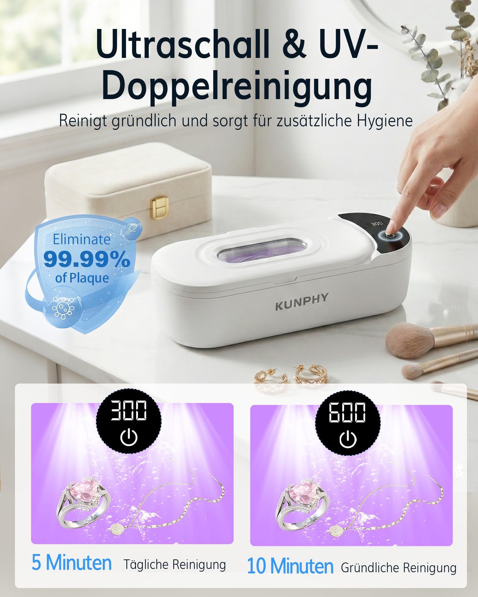 KUNPHY Ultraschallreinigungsgerät mit U-V – Brillenreinigungsgerät 400ml(20Oz) 48kHz, Ultrasonic Cleaner mit digitalem Dual-Modus-Display(5/10min), Ultraschallreiniger für Brille, Schmuck, Uhren