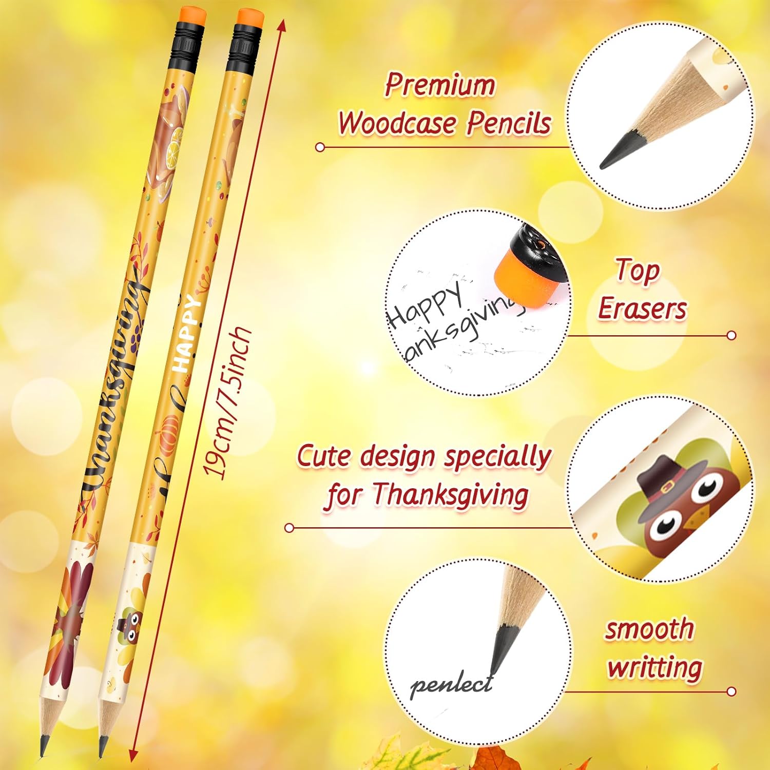 Pajean 300 Pcs Thanksgiving Fall Pencils Bulk Autumn Maple Leaf Pencils Pumpkin Harvest Pen with Eraser Gift for Thanksgiving
