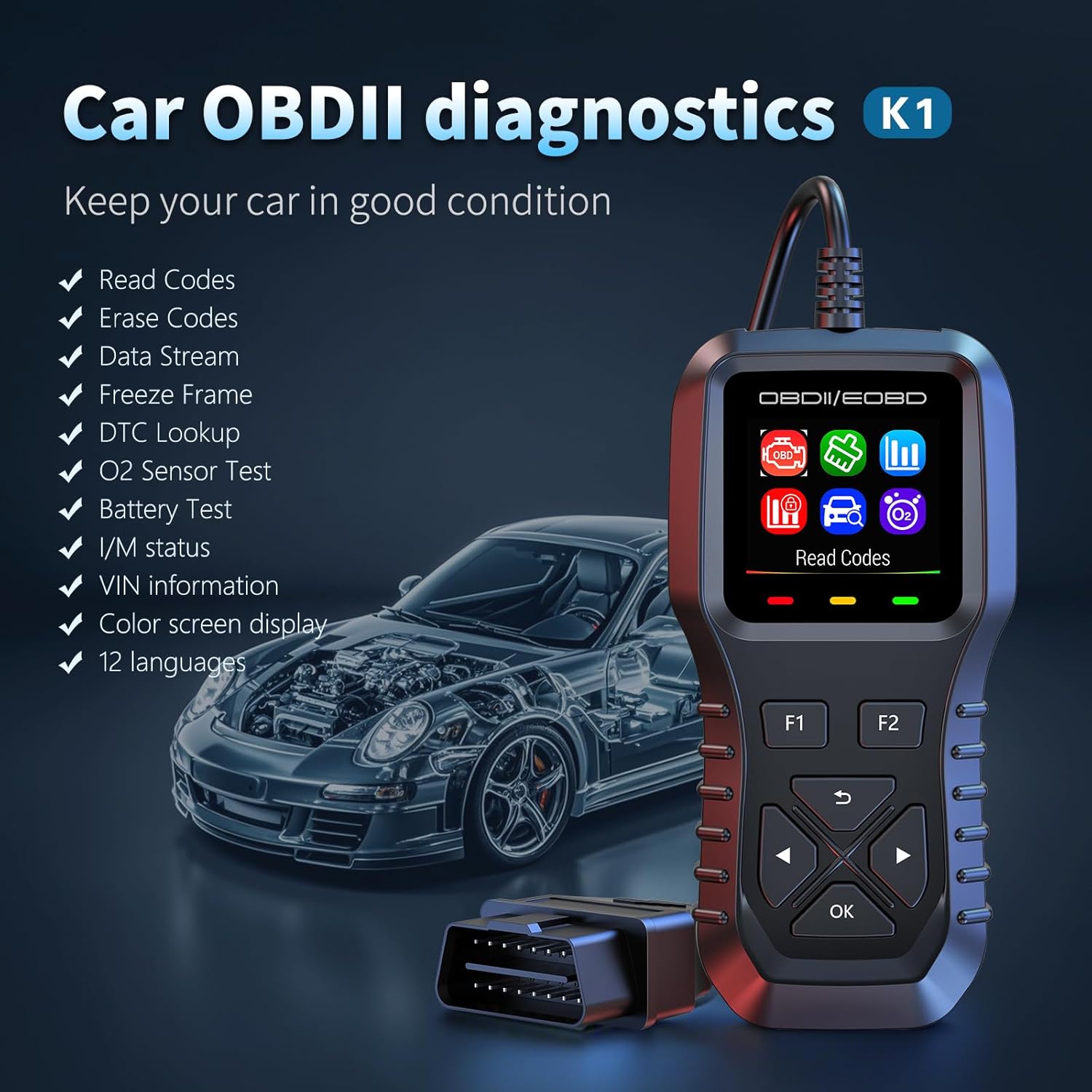 K1 Universal OBD II Scanner Car Engine Fault Code Reader CAN Diagnostic Scan Tool, Read and Clear Error Codes for 1996 or Newer OBD2 Protocol Vehicle (Black)