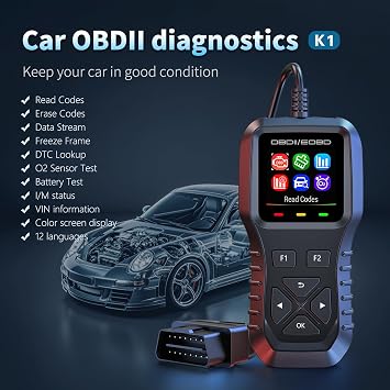 K1 OBD2 Scanner for Car, Professional Code Reader with Color LCD Display, Plug & Play Engine Diagnostic Tool, Read/Clear Codes, I/M Readiness, Battery Test for DIY & Mechanics (1996+ Vehicles)