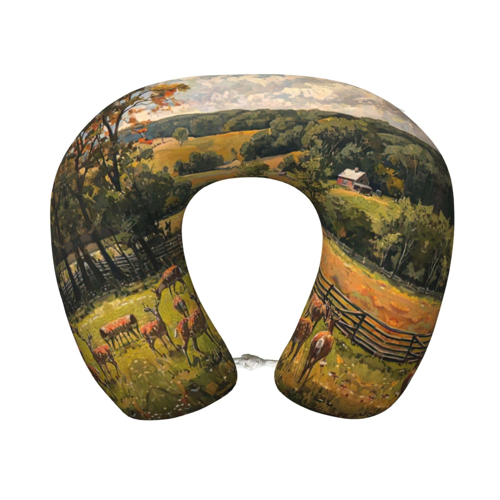 peiyeety Farm with Deer Print Custom U-Shaped Pillow,Memory Foam Cervical Neck Travel Pillow,for Home,Camping,Travelling