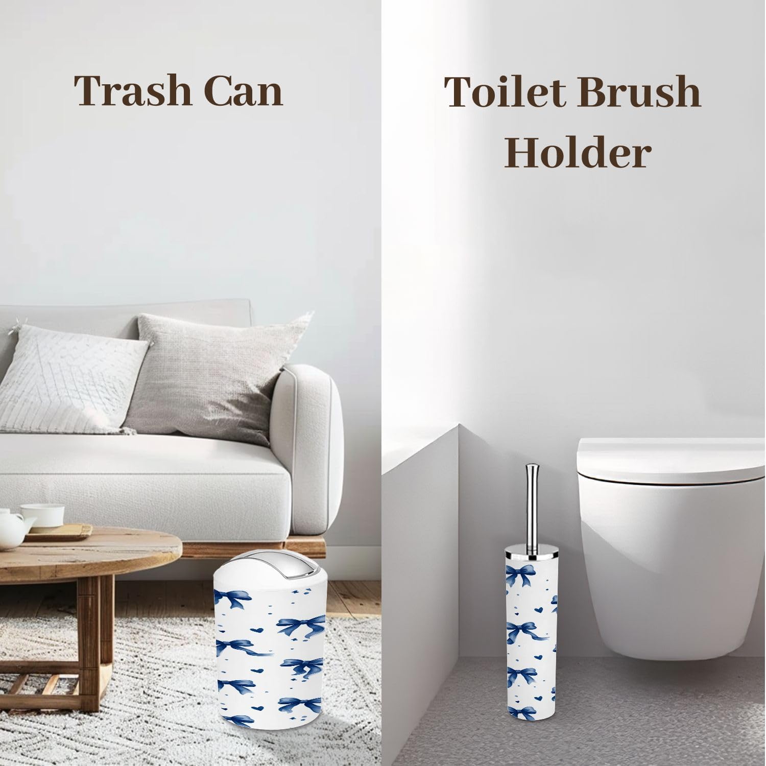 Bathroom Accessory Set 6PCS Blue Bow Heart Star Accents White Trash Can, Soap Dispenser, Toothbrush Holder, Toothbrush Cup, Toilet Brush Holder, Soap Dish for Gifts