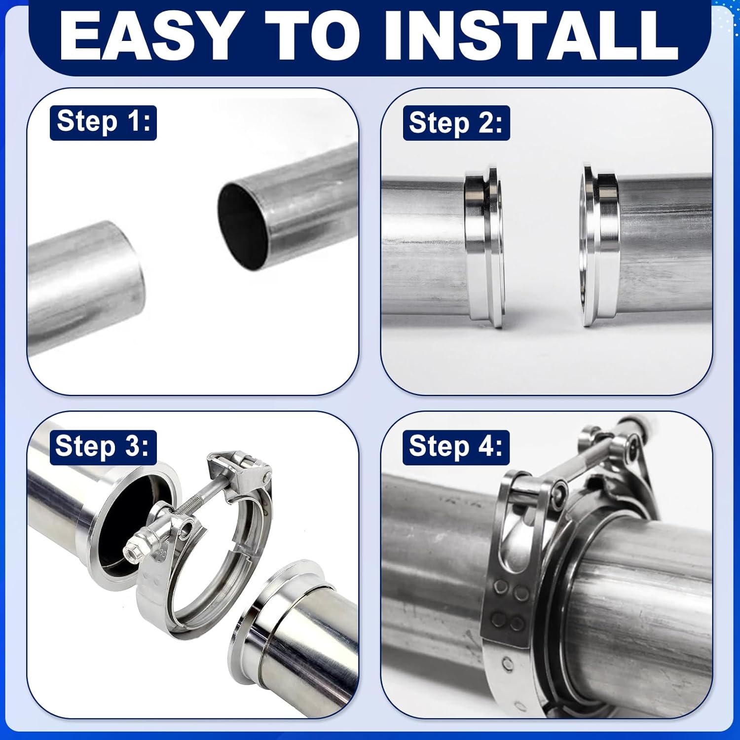 3 Inch V-Band Clamp Kit with Flanges - 4PC 304 Stainless Steel Exhaust Clamp Set for Turbo Downpipe Intercooler Piping