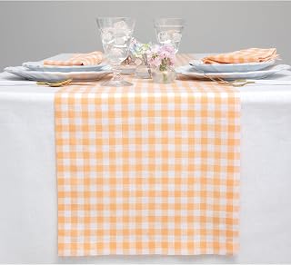 Solino Home 100% Pure Linen Table Runner Orange, Gingham Check 14 x 108 in