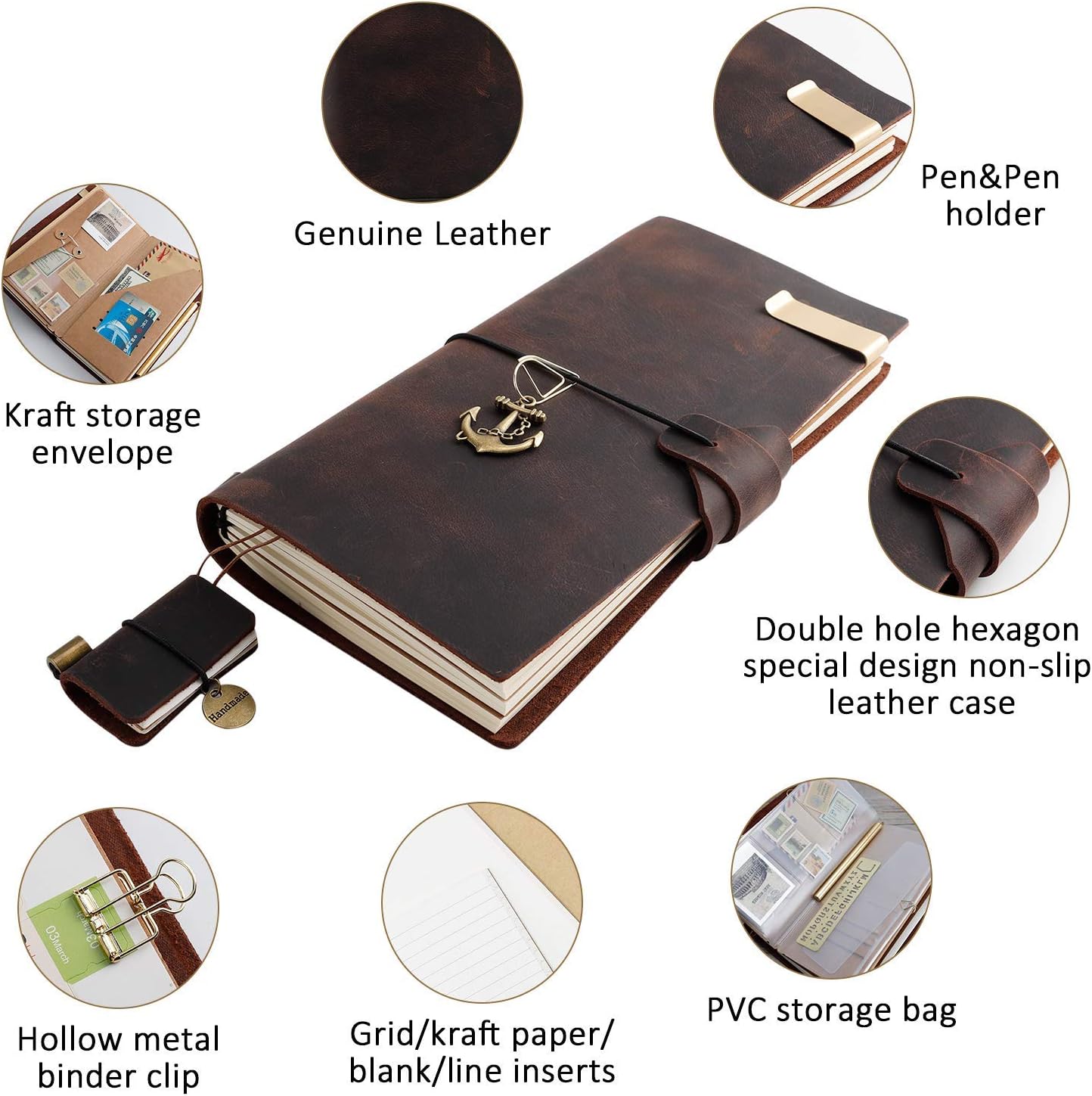 GRT Refillable Leather Journal Travelers Notebook- 8.5 x 4.5 Handmade a5 Genuine Leather Cover with 4 Inserts- Creative Accessories Over 30 pcs- Perfect Writing Gift for Men and Women- Standard Size