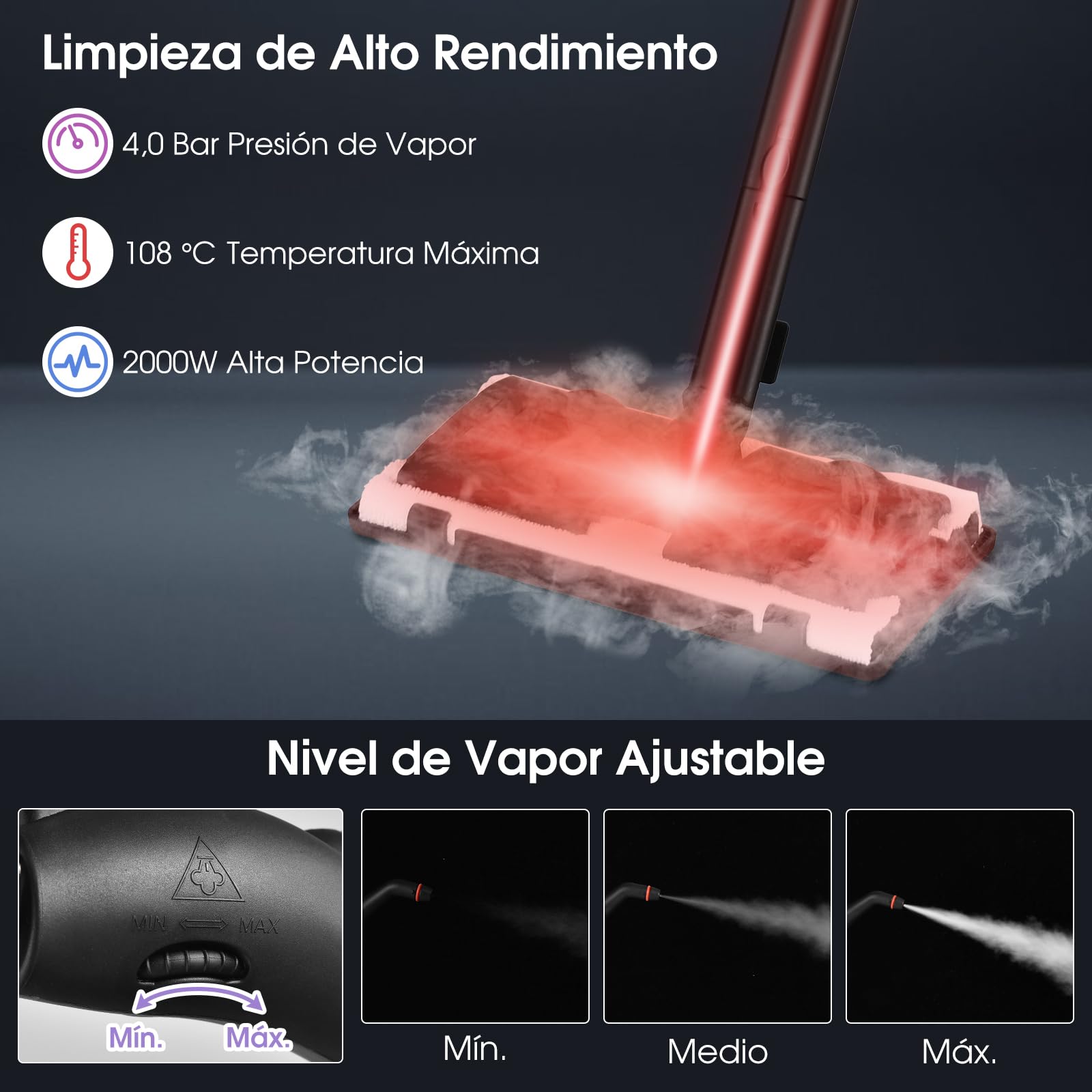 GOPLUS Limpiador a Vapor 2000W, Máquina de Limpieza a Vapor con Depósito de 1,5L, Alta Presión de 4 Bar, Tiempo de Calentamiento: 5 min, Hasta 108 ℃, con Ruedas y Accesorios Completos (Violeta)