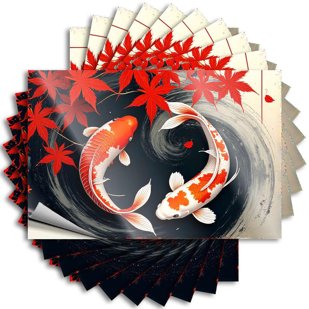 Fzfn Men's Colour Home Gifts Laptop Quote | Two Koi Fish Swim In A Yin-Yang Pond With Red Maple Leaves Cats Durable Vinyl Sticker Easy Apply For Autumn(12X18cm)