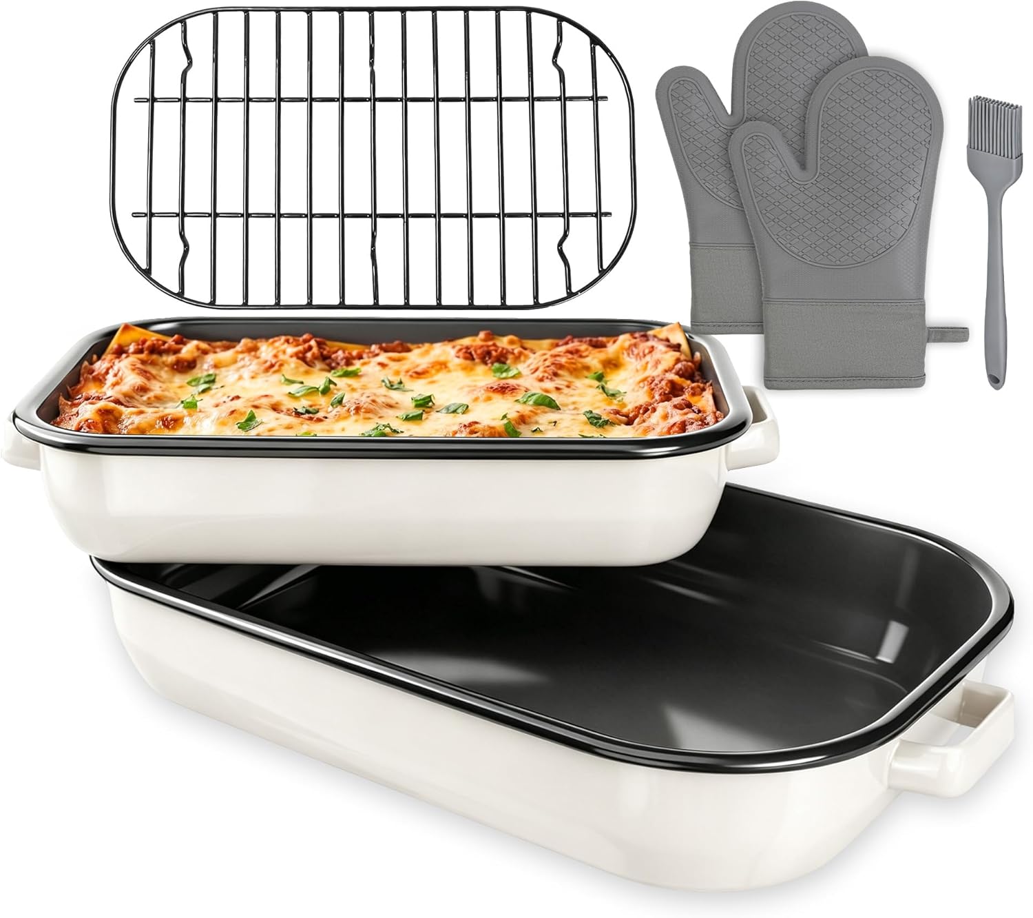 Casserole Dishes for Oven Lasagna Pan 6-Pack Baking Set with Handle & Rack 14&17 Inch Large Enamel Cookware, High Temperature Resistance Dishwasher Safe Non-Stick Mother's Wedding Gift Bakeware
