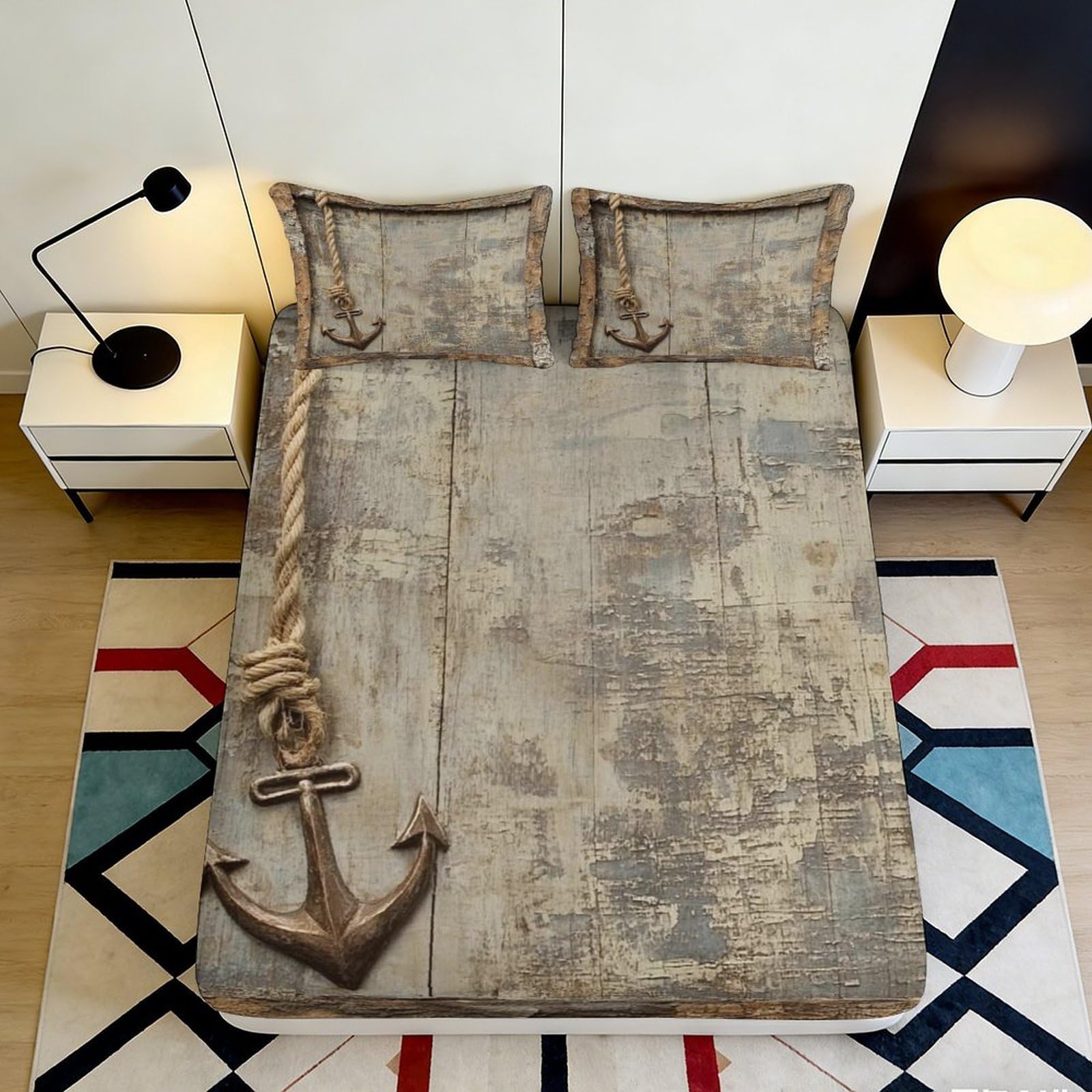 Dhbaneiok Style-3 3D Printed Nautical Anchor Fitted Sheet Microfiber Soft Decorative Vintage Rope Bed Cover For Bedroom Guest Room Dorm 90X200x25cm