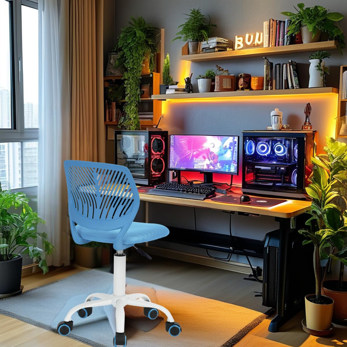 FurnitureR Silla de Trabajo para Adolescentes y niñas, giratoria de 360 Grados, Baja y Media de Malla de Polipropileno, Asiento Trasero de Tela, Altura Ajustable, Ruedas rodantes, Tela Azul