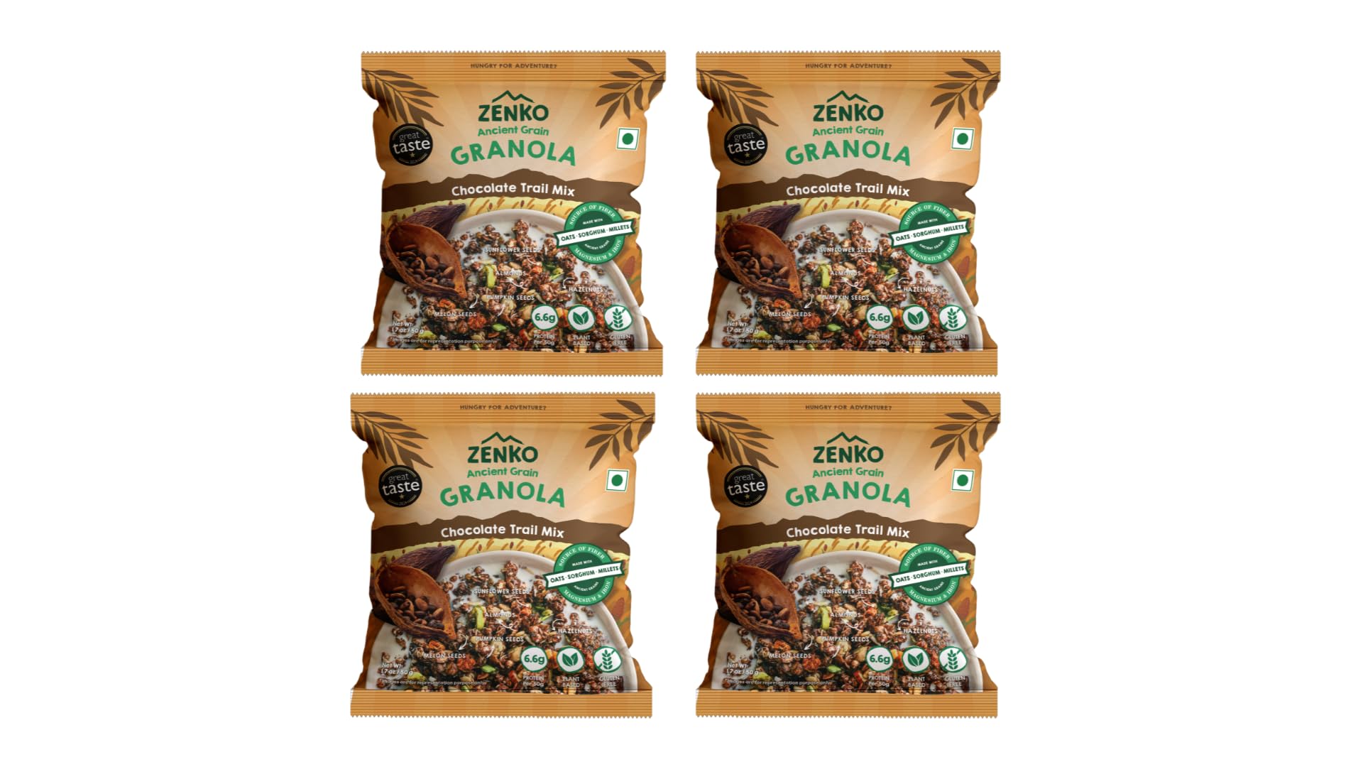 ZENKO Ancient Grain Chocolate Trail Mix Granola | Plant Based, Gluten Free, with Nuts and Seeds | 50g | Pack of 4-image-33