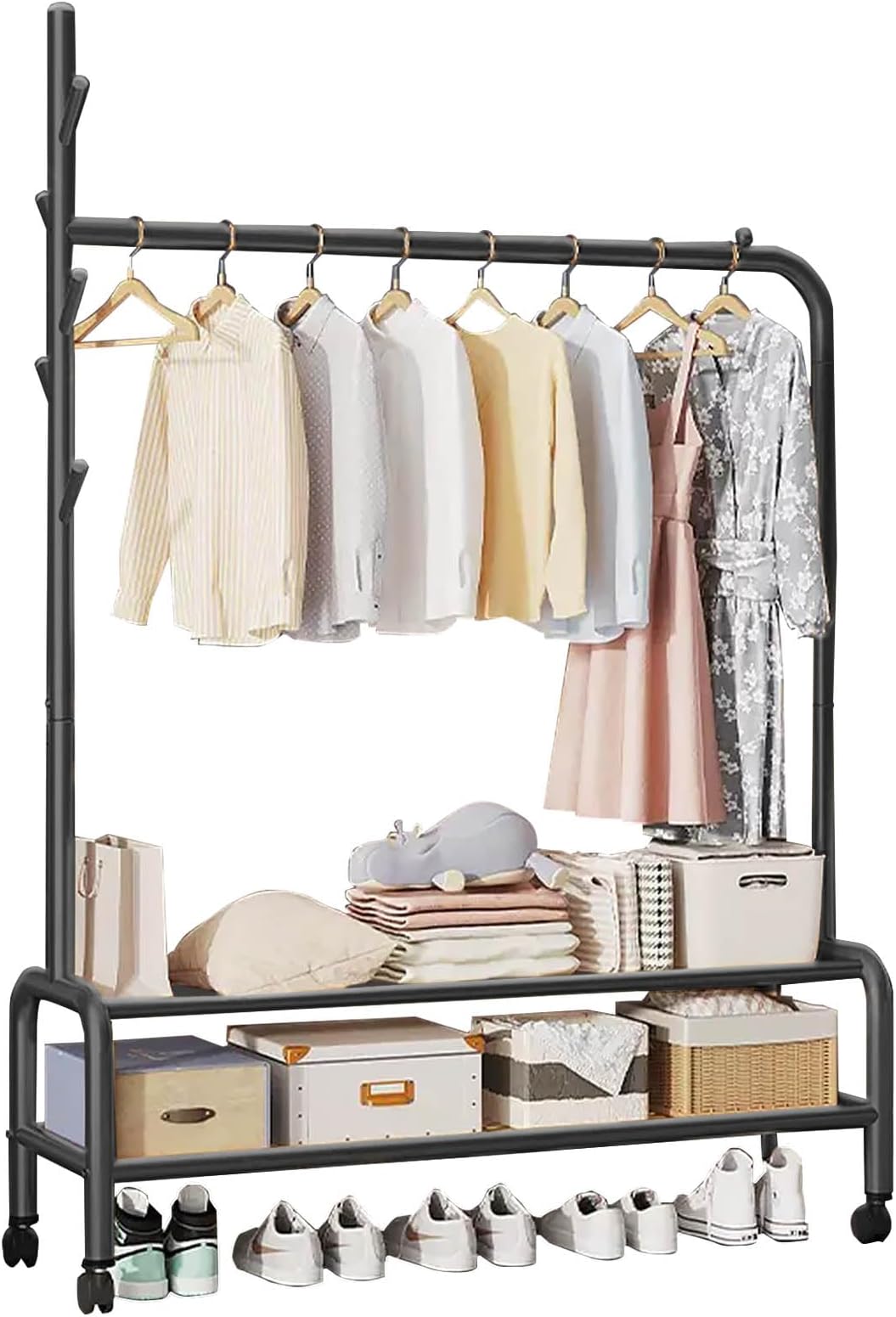 YumLock Adjustable Double-tier Carbon Steel Garment Rack with Wheels, Heavy-duty Closet Organizer with 4 Hooks, Bottom Shelf for Additional Storage, Ideal for Home & Retail Use, Black