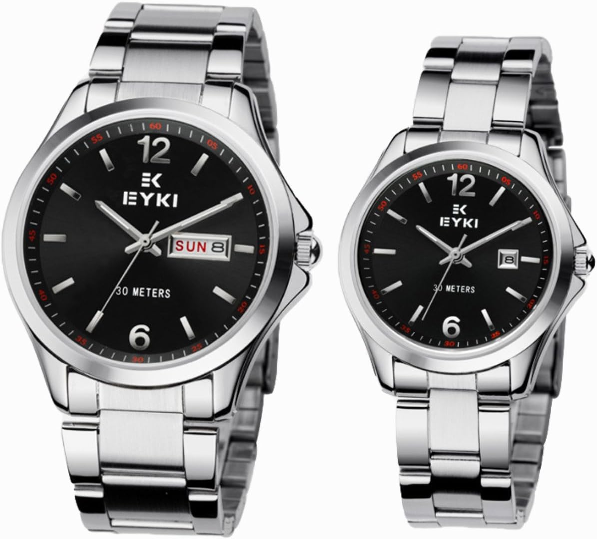 NIUBILITY Ori-0154 Black Dial & Silver Bezel Couple Quartz Watches for Lovers with Day-and-date Calendar