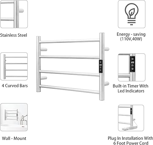 Miniatura 4 de KEG Calentador de toallas inteligente WiFi montado en la pared con temporizador integrado y control de ajuste de temperatura, 4 barras eléctricas de