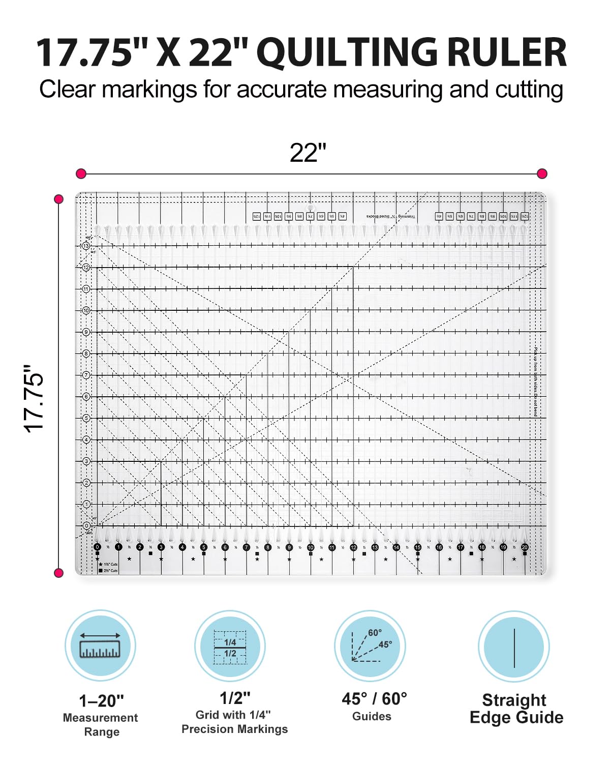 Quilting Rulers 17-3/4in x 22in, Clear Acrylic Sewing Rulers, Slotted Quilting Ruler for Precise Fabric Cutting, Patchwork Template Tool for Sewing, Quilting & Crafting