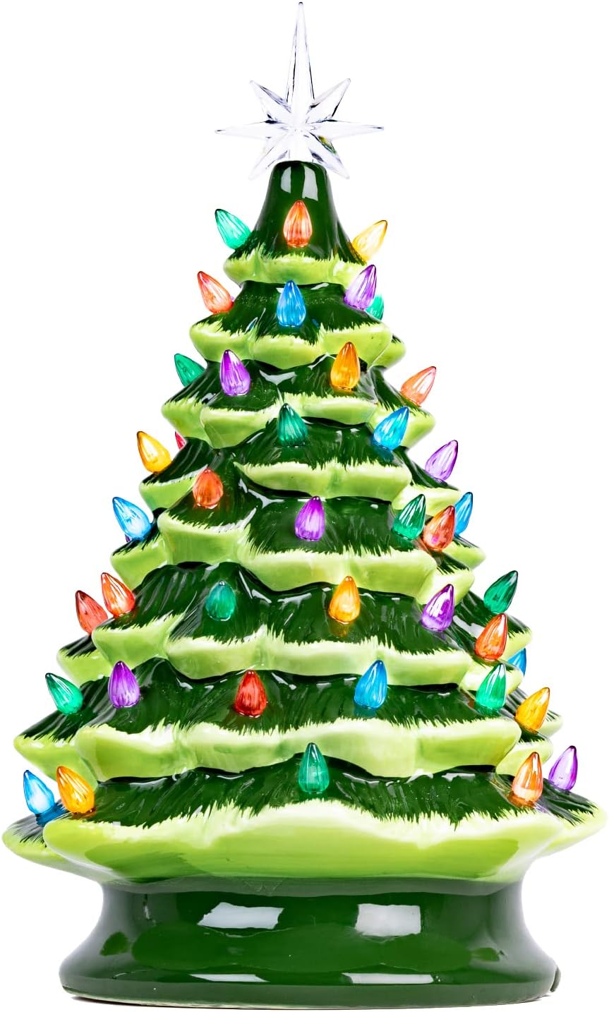 Christmas is Forever Lighted Tabletop Ceramic Tree, 16 Inch Green Tree with Multicolored Lights