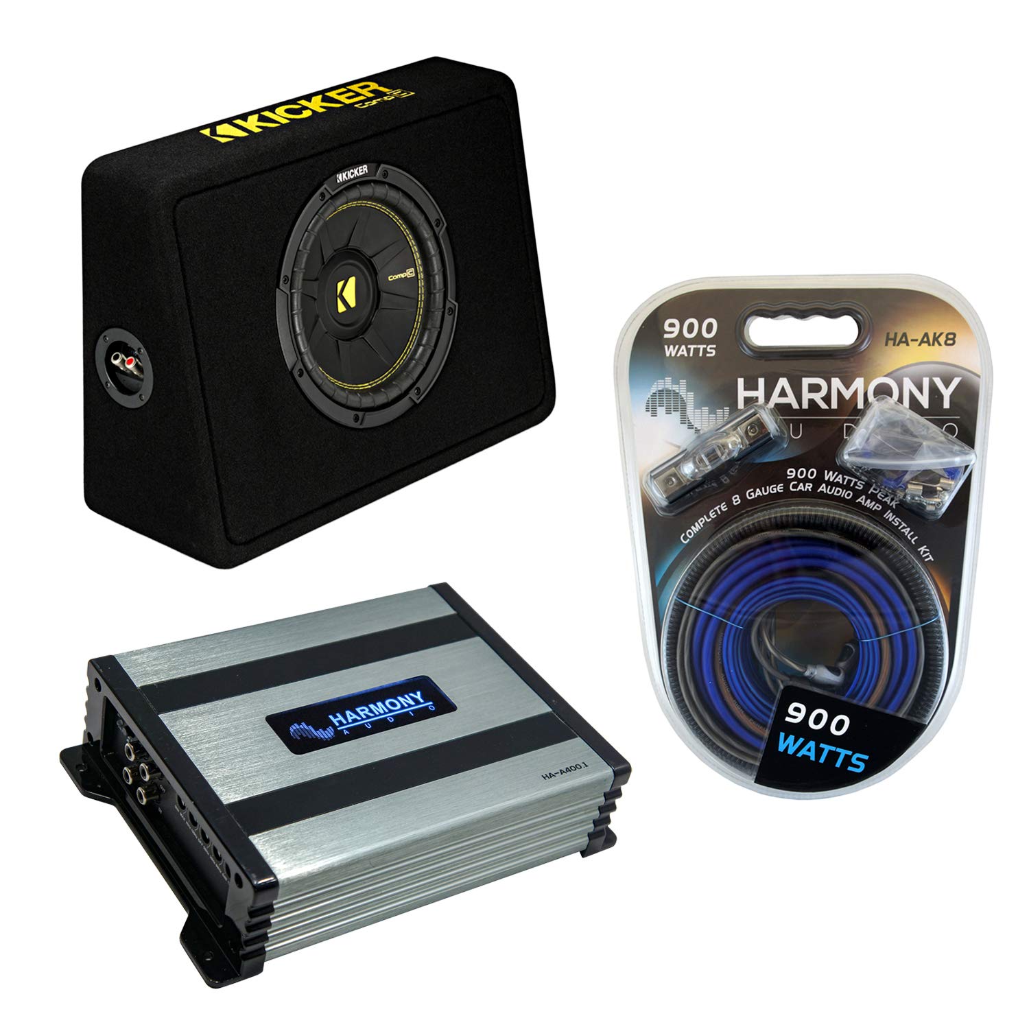 Kicker Bundle Compatible with Universal Vehicle 44TCWC102 Dual 10" Loaded Truck Sub Box with A400.1 Amplifier and HA-AK8 8Ga Amp Install Kit