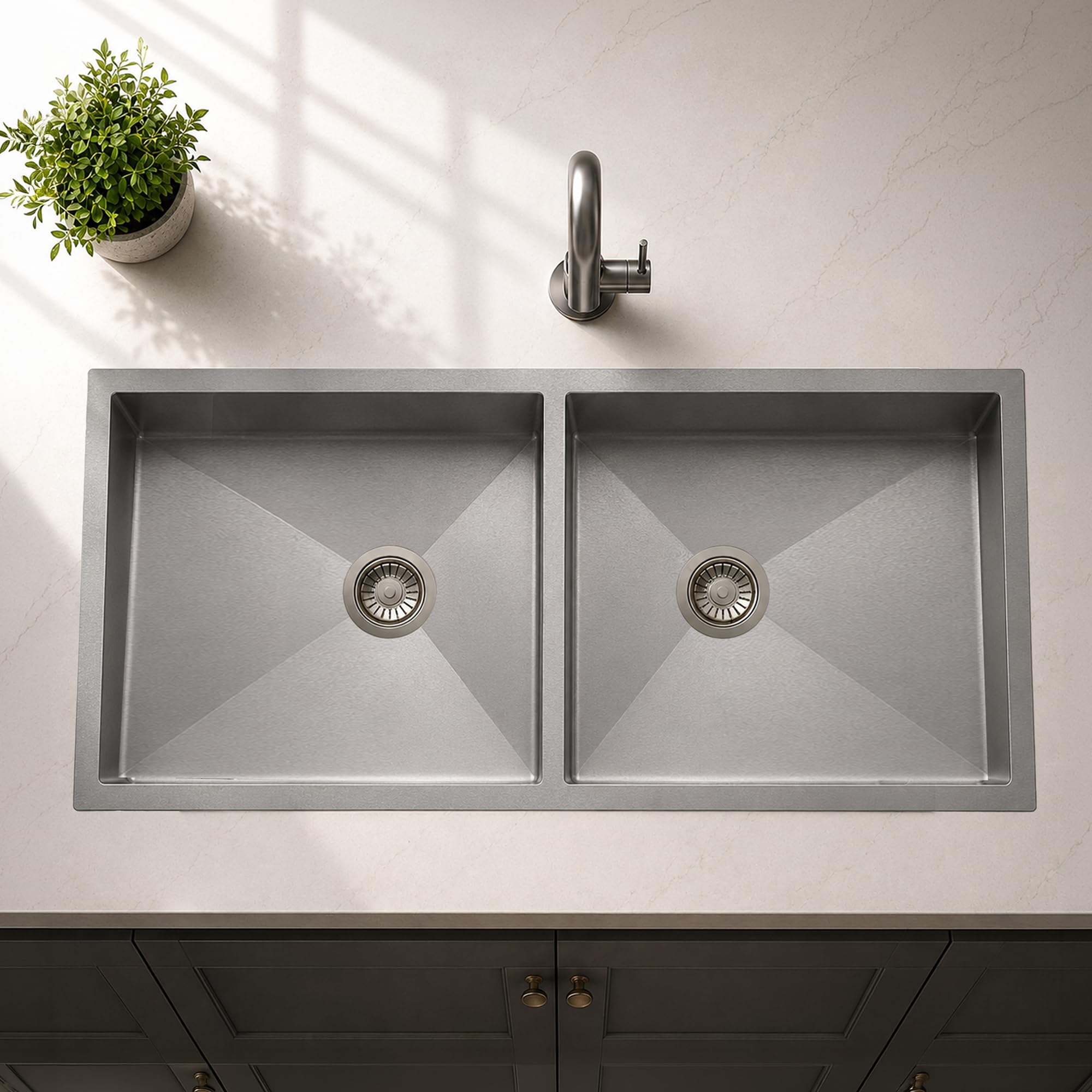Carissa by Carysil Qubiq R10 DB 40x18x9 inches 304-Grade Stainless Steel Sink in Satin Finish | 10-mm Corner Radius Double Bowl Sink With SS Coupling | Noise Reduction, Deep Bowl & Sloping Drain-image-39