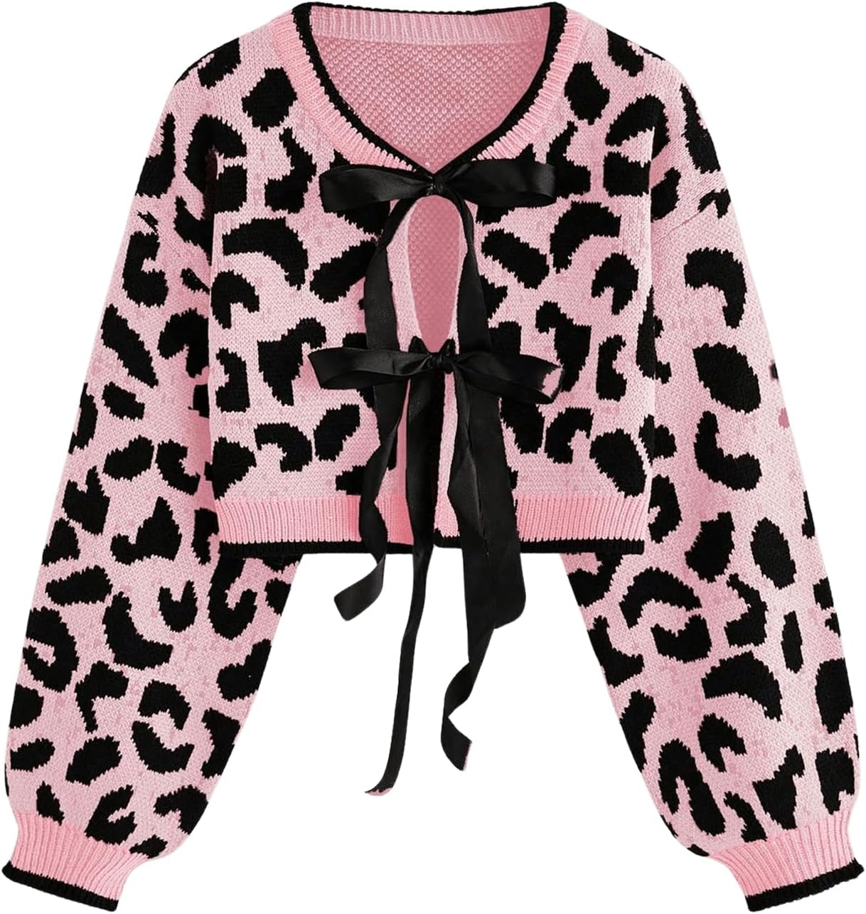 Women's Y2k Cheetah Cardigan Sweater Bow Tie Front Cardigan Leopard Print Crop Sweater Long Sleeve Crew Neck Knit Top