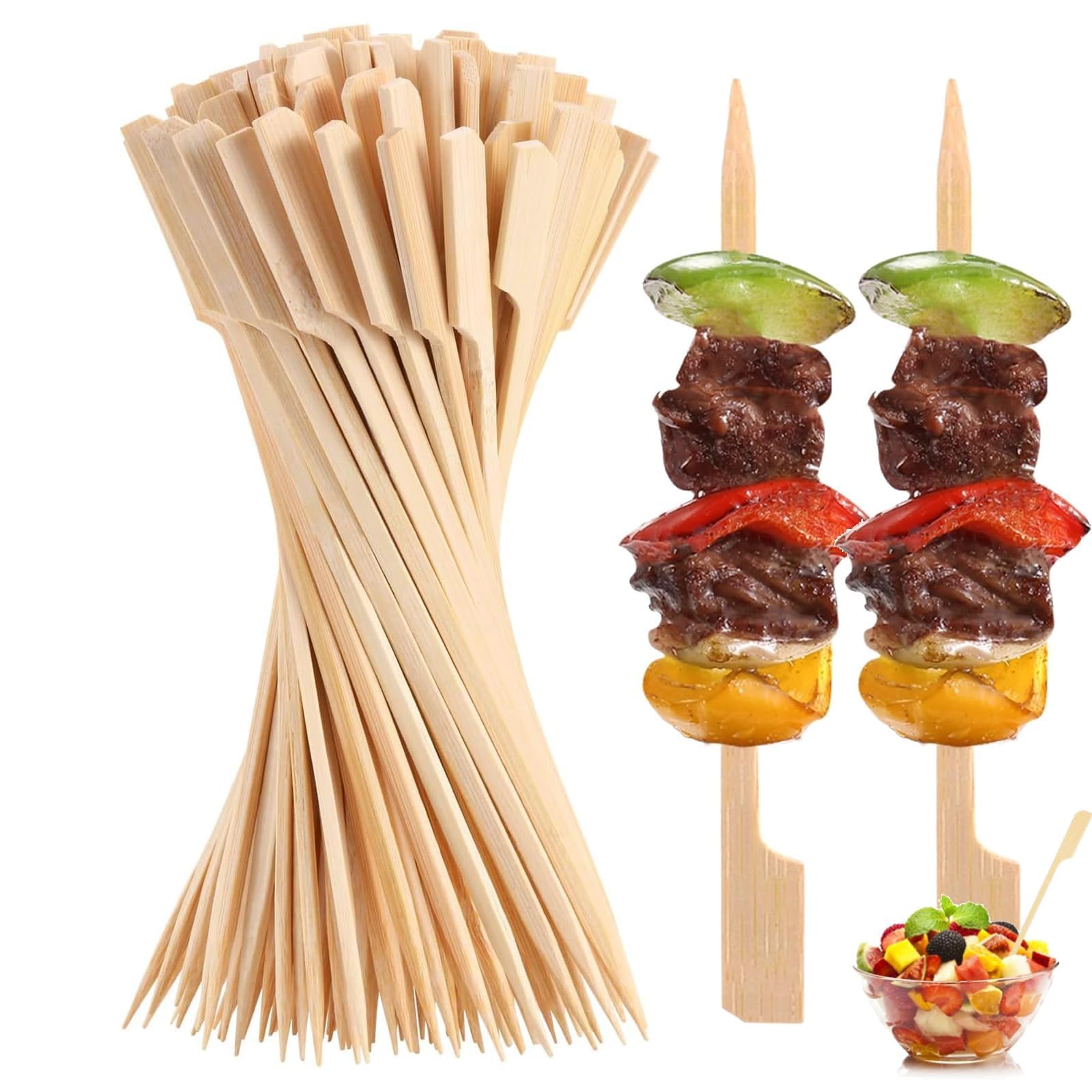 100 PCS Bamboo Skewers for Appetizers Toothpicks Cocktail Picks for Drinks Fruit Kababs Sausage Barbecue Snacks Natural Wooden Paddle Skewer Mini Food Sticks Charcuterie Accessories