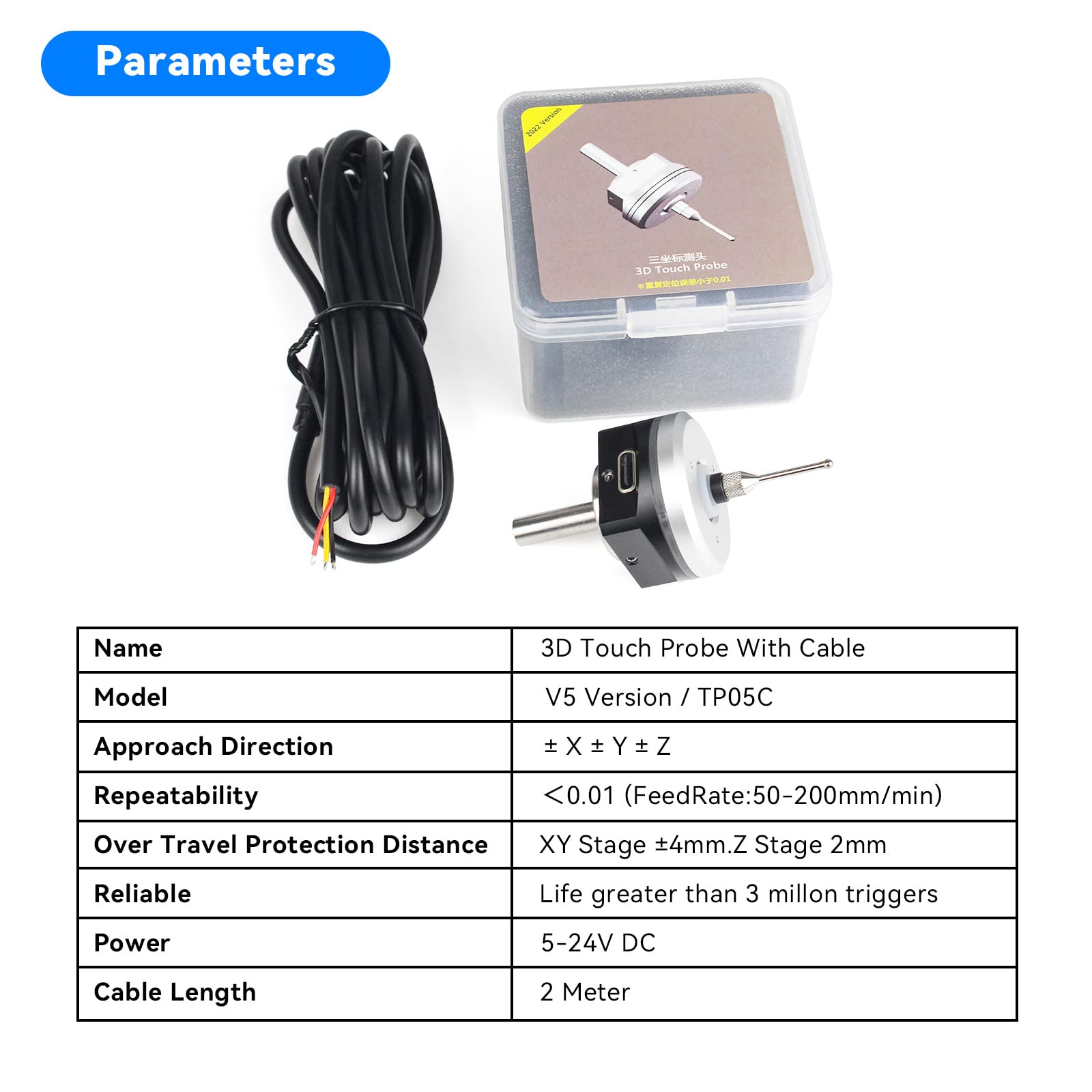 RATTMMOTOR Kantentaster,3D-Taster Kantensucher,CNC Messtaster Werkzeuglängensensor,DC 5–24 V,6mm Schaft,mit 2M-Kabel, kompatibel mit CNC Mach3 und GRBL (V5-Serie)
