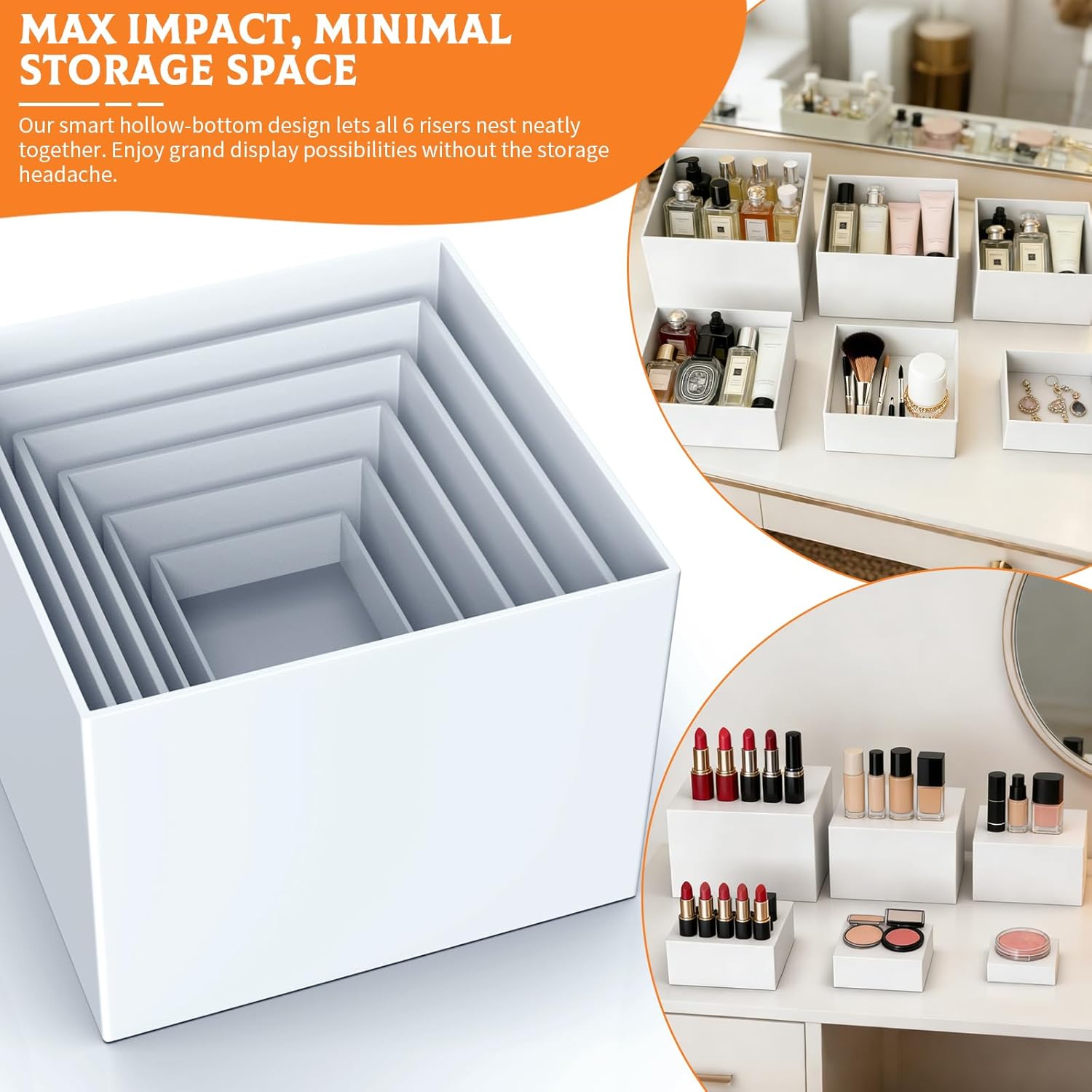 Buffet Risers 6 PCS Food Service Display Risers White Acrylic Risers Set - Nesting Display Stands for Buffet Tables, Wedding & Party Food Display, with Mini Signs & Markers (3"x4"x5"x6"x7"x8" )