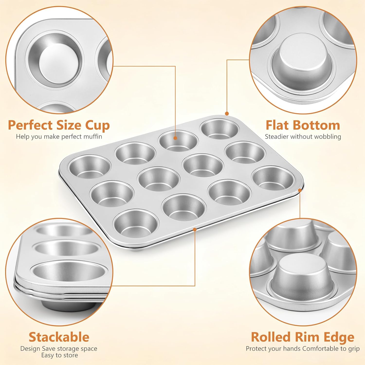4 Pcs Muffin Pan 12 Cup Carbon Steel Cupcake Baking Pan Nonstick Tin Tray for Standard Muffins, Brownie, Tart, Quiche, Heavy Duty Bakeware Set, Oven & Dishwasher Safe