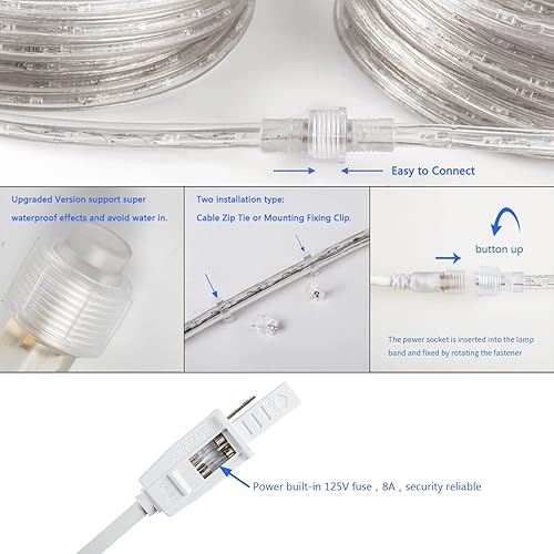 Miniatura 5 de JUNWEN Cuerda de luces LED blancas cálidas para exteriores, 432 LED, 40 pies, 39.4ft, 110 V, impermeable, para interiores, enchufable, flexible,