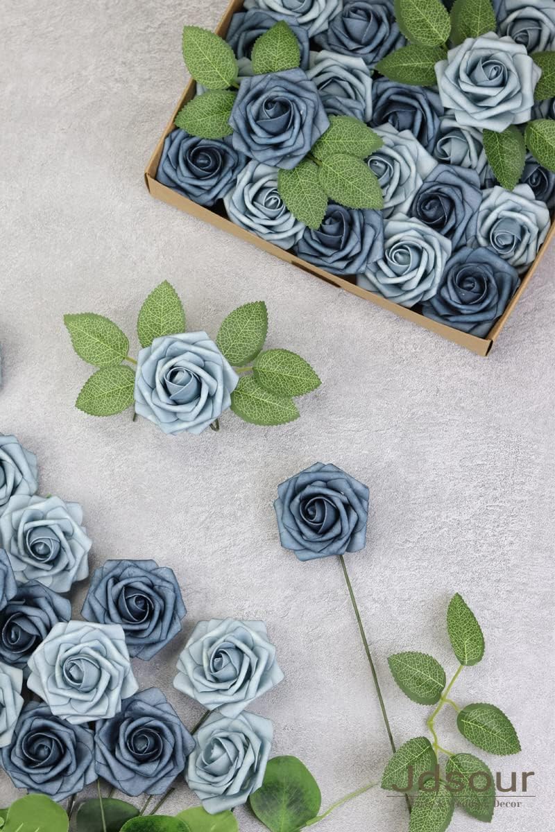 50pcs Artificial Flower，Real Touch Foam Roses w/Stem DIY for Wedding Bouquet Centerpieces Party Shower Home Decor-Dusty Blue Shades - Image 3