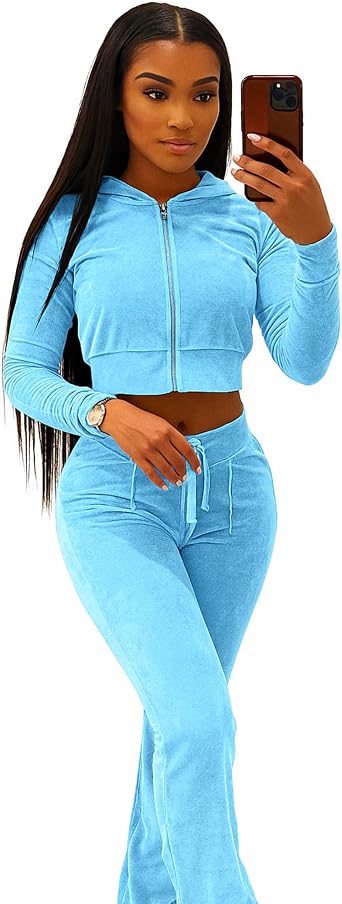 Womens Velour Tracksuit Two Piece Long Sleeve Zip Crop Top Flared Pants Set