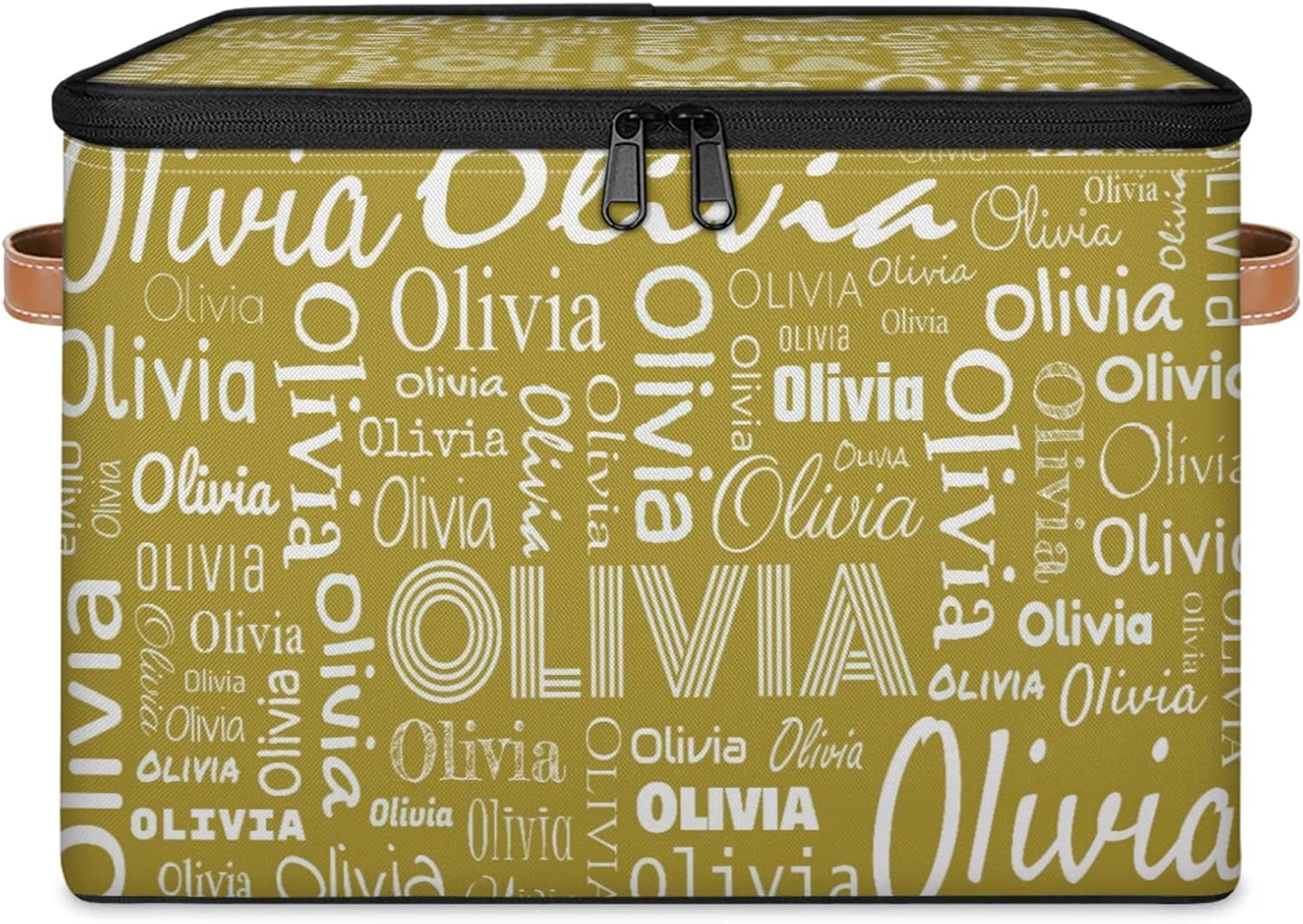 Custom Storage Bins with Lid Handles, Large Capacity Fabric Personalized Name Shelves Clothes Storage Cubes, Brown Organizer Baskets