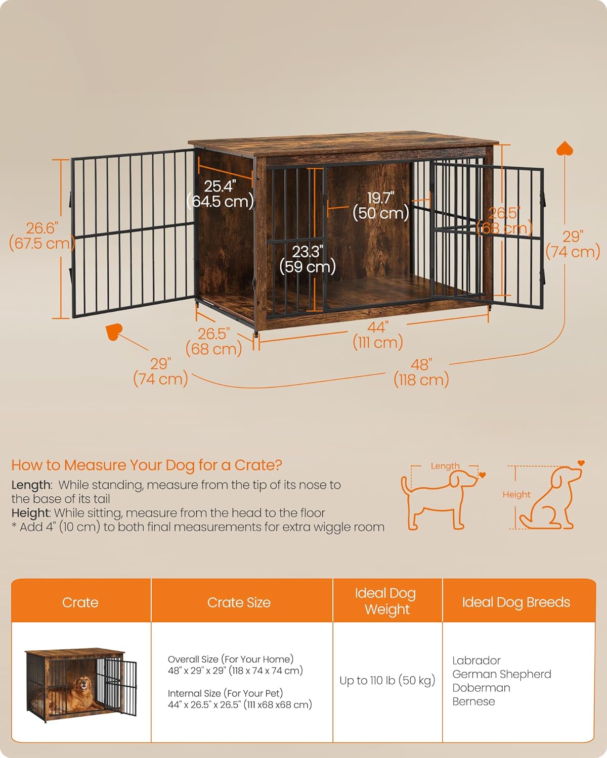 Feandrea Wooden Dog Crate Furniture, 48 Inches Heavy-Duty Kennel for Dogs up to 110 lb, with Double Doors and Enclosed Wood Base, Modern Pet Cage End Table Indoor, Rustic Brown