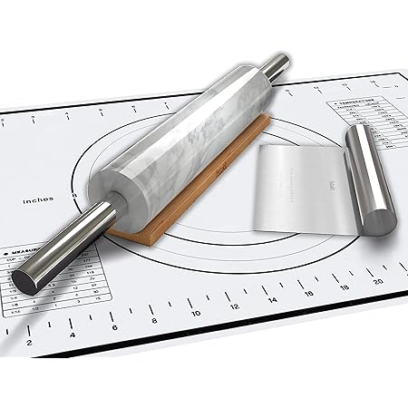 Fistukit White Marble Rolling Pin with Stainless Steel Handles Baking Set - Silicone Baking Mat, Bench Scraper, Wooden Base- 10 Inch Roller