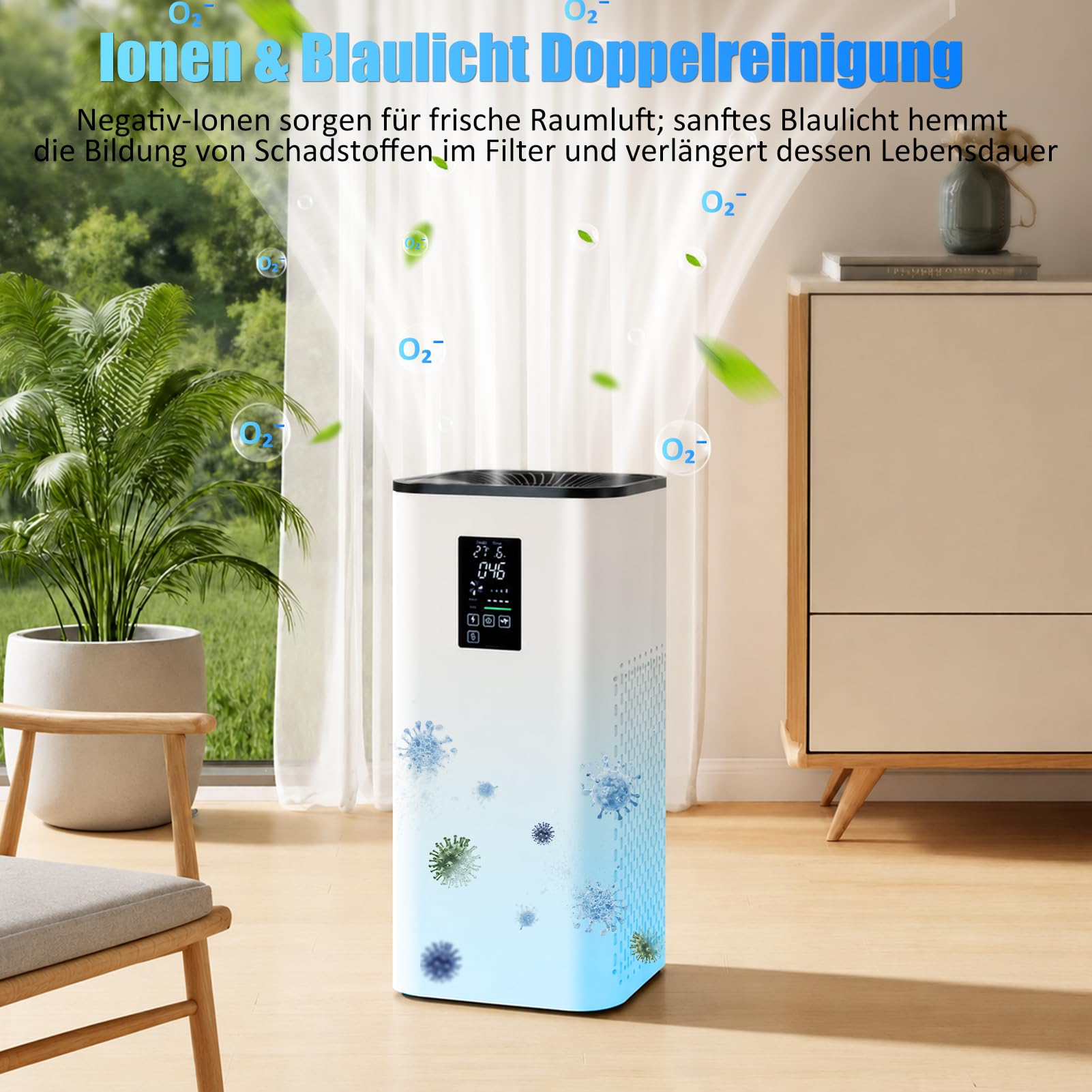 Oczyszczacz powietrza dla alergików CADR 400 m³/h do 160 m², filtr powietrza HEPA Air Purifier w czasie rzeczywistym PM2.5 i wskaźnik temperatury, jonizator, tryb automatyczny, cichy tylko 20 dB