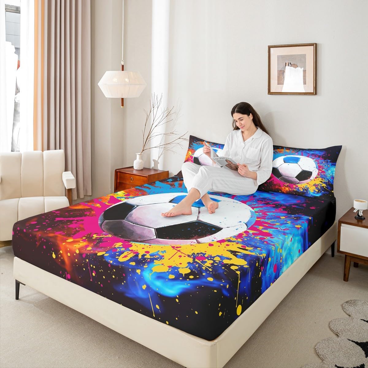 Soccer Bedding Set Graffti Fire Soccer Ball Game Fitted Sheet Football Bed Sheet Set for Kids Colorful Soccer Bed Cover Sports Gaming Room Decor Bed Set Full Size image 5
